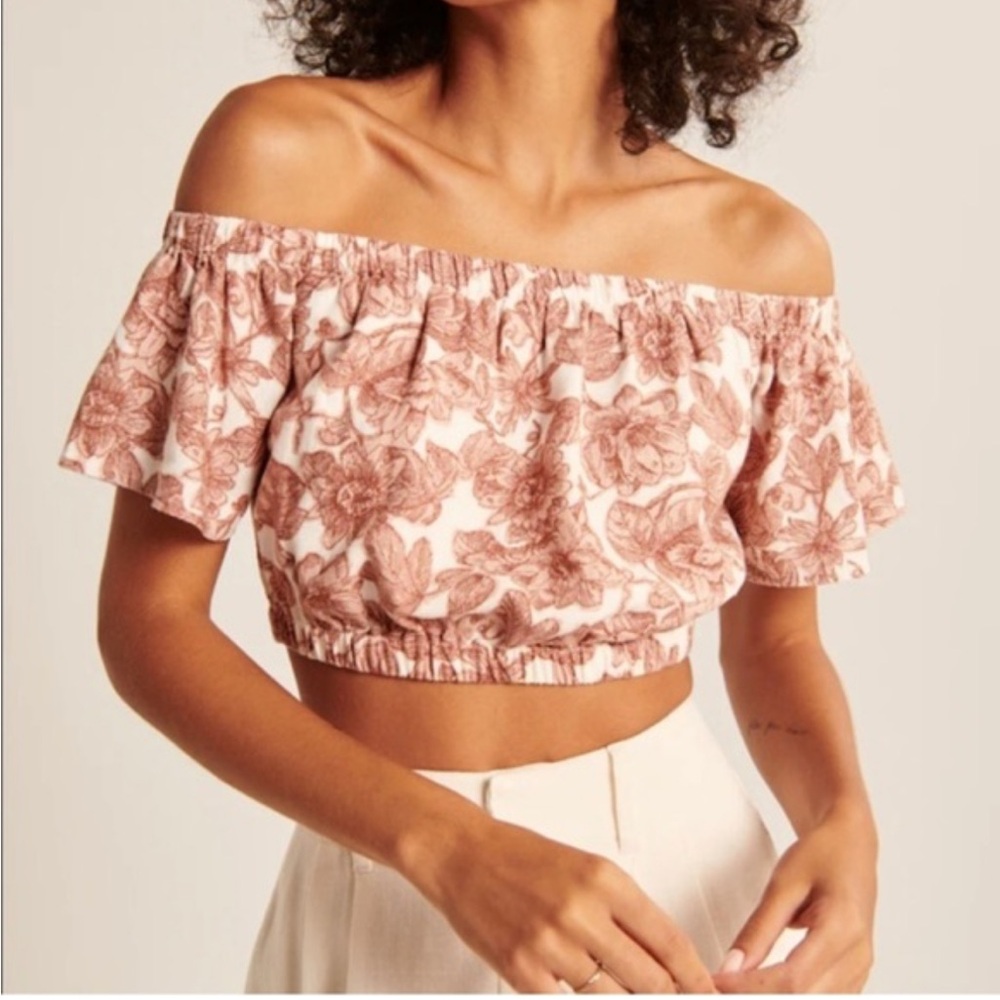 ABERCROMBIE‎ Floral Cropped Off The Shoulder Blouse Size Small Blush Cream